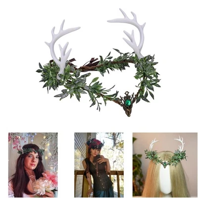 Corona de asta de hadas verdes hecha a mano tocado de elfo del bosque hoja círculo mujeres Foto 1 de 4