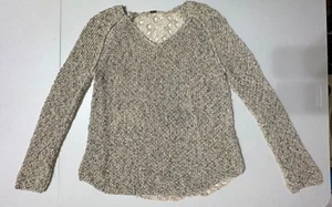 Poof New York Long Sleeve V-neck Sweater Tan Open Knit Lace Back Stretch L - Picture 1 of 6