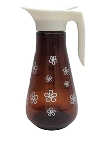Glass Kitchen Breakfast Syrup Bottle Dispenser Brown White Daisies #4943 Vintage - Picture 1 of 9