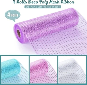 Brand New Lot of 4 Rolls Metallic Foil Mesh Ribbon (White, Pink, Purple, Blue) - Picture 1 of 7