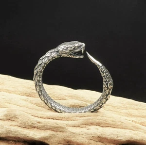 925 Sterling Silver Feather Serpent Snake Ring Open Mouth Fang Adjustable Unique - Picture 1 of 9