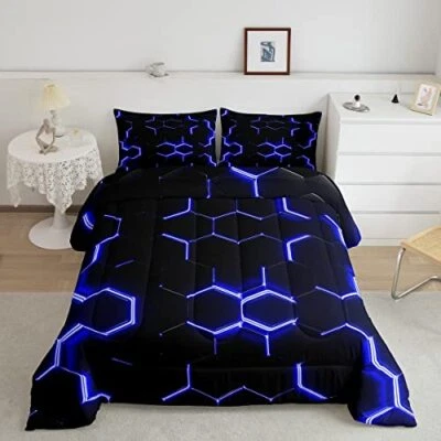 Juego de edredón con estampado negro y juego de cama hexagonal niños niños adolescentes doble azul Foto 1 de 4