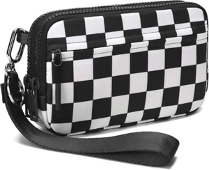 Cartera Muñequera para, Nylon con 4 Cremalleras, Bloque RFID, Blanco y Negro Cuadros - Imagen 1 de 10