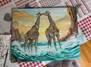 Giraffe Libere al Tramonto, Quadro Olio 40x50 RCafarotti, No Lucio Fontana - Foto 1 di 10