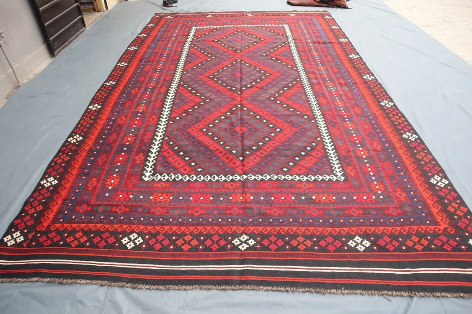 1980s Afghan 8'6x14'2 ft Traditional Flatweave Rug, Geometric Dining Room Rug - Image 1 of 4