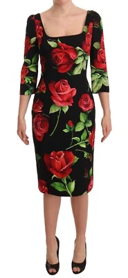 DOLCE & GABBANA Dress Silk Stretch Black Red Roses Sheath IT36 / US2 / XS $2200 - Image 1 of 4