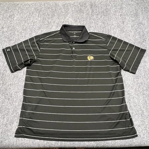 CHICAGO BLACKHAWKS Antigua Black w White Stripe Polo Shirt Size XL Cover