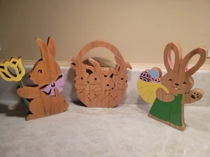 Carved Wood Easter Bunny Chick Basket Decor Hand Painted Figures - Picture 1 of 8