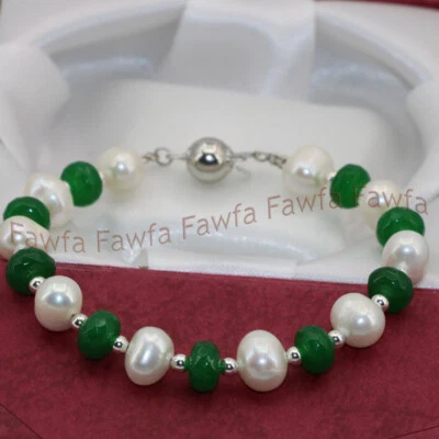Pulseras de perlas Akoya blancas de 7,5"" con piedras preciosas de jade verde facetadas de 5x8 mm y 7-8 mm Foto 1 de 3