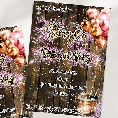 Retirement Rustic wood Gold party Invitations,Personalised Leaving work Invite - Image 1 of 4