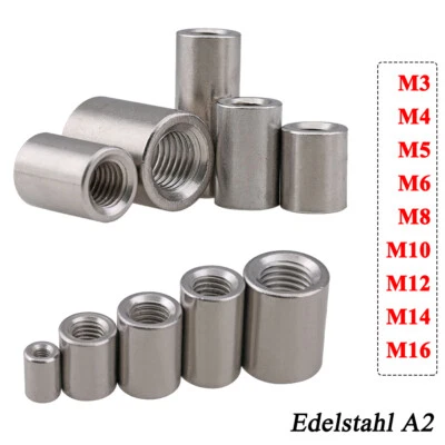 Gewindemuffen M3 M4 M5 M6 - M16 Edelstahl V2A rund Langmuttern Verbindungsmuffe - Bild 1 von 4