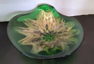 Plato de caramelo de colección años 60 soplado a mano arte joyería verde con brillo dorado - Imagen 1 de 6