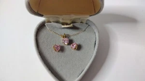 14KT Gold Pink Diamond Heart Shape Necklace & Earrings - Picture 1 of 6