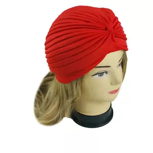 Lady Stretchy Turban Head Wrap Band Chemo Hijab Pleated Indian Cap Red - Picture 1 of 1