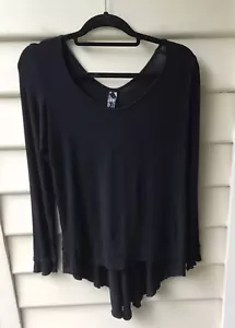 M A Dainty Black Top Fishtail Back 8 XS Scoop Neck Handkerchief Hem Stretch - Picture 1 of 7