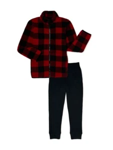 NWT 2-Piece Boys 10-12 RED Full Zip up Sherpa Jacket & Jogger Sweatpants Outfit - Picture 1 of 4