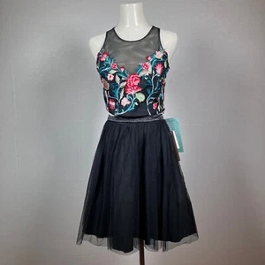 Black Floral Short Cocktail Party Homecoming Prom Dress 2 Pc SZ 11 Jr NWT $119 - Picture 1 of 12