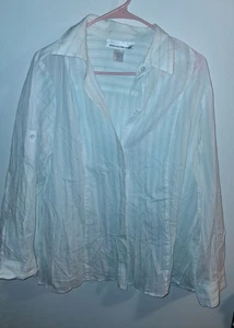 Jones NY Sport White Stripe Long Roll Tab Sleeve Button Up Blouse Sz 1X - Picture 1 of 3