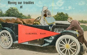 Vintage Gardner Mass Flag Auto Postcard Early Car Repair Scene - Picture 1 of 2