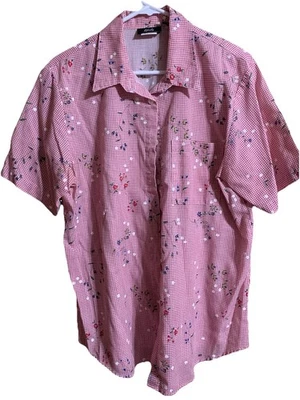 Camisa vintage tapiz para mujer roja a cuadros con botones grande de algodón manga corta Foto 1 de 4