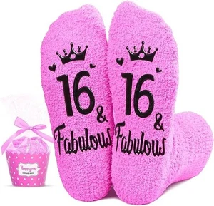 16th Birthday Gift Ideas for Boys Girls - Socks Fuzzy 16 Fabulous Light Pink - Picture 1 of 7