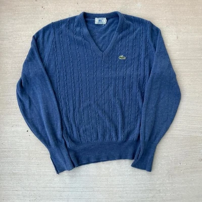Винтажный 70-х Izod Lacoste синий v-образным вырезом кабель трикотажа дедушка свитер L - Изображение 1 из 4