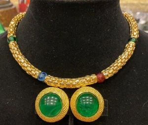 Vintage Signed RAU KLIKIT Gold Tone and Cabochon Necklace and Earrings - Imagen 1 de 5