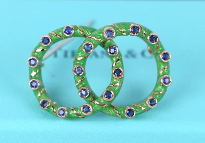 复古 Tiffany Co 18k 黄金绿色珐琅蓝色蓝宝石圆形胸针胸针 — 第 1/4 张图片