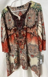 APT9 Orange Paisley Tunic Blouse Asymmetrical Hem Embroidery Beaded New - Picture 1 of 13