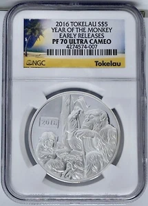 2016 $5 Tokelau Year Of The Monkey Silver NGC PF70 UC Early Releases 1 Oz 999 - Picture 1 of 2