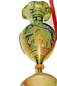 vintage solid brass 9" oriental vase w elephant and forest scenes almost 3" Diam - Picture 1 of 12