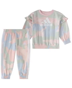 Adidas PINK MULTI Baby Girls 2-Piece Flutter Sleeve Jogger Set, US 24 Months - Picture 1 of 3