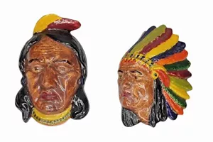 2 Vintage Kreidegeschirr Indigene Indianer Indianer Wandbehang Gips 4" - Bild 1 von 5