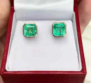 Gift Her Natural Emerald Bezel Set Stud Earring 14K Yellow Gold 2Ct Asscher Cut - Picture 1 of 7