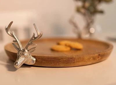 Wooden Stag Serving Plate Cake Tray Metal Antler Display Cheese Board Home 33cm - Image 1 of 4