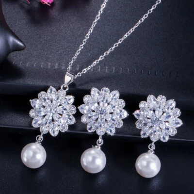 Silver Plated Cubic Zirconia Flower Pearl Dangle Necklace Earrings Jewelry Set - Image 1 of 4