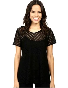 Three Dots Womens Short Sleeve Lace Top Black Small - Picture 1 of 3