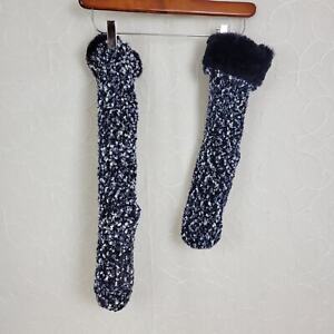 Jane & Bleecker Womens Boot Socks Blue White Knit Kneehigh Faux Fur Trim NEW
