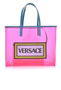 VERSACE 90's Vintage Logo Soft Tote Pink Clear Vinyl Blue Calfskin NWT - Picture 1 of 14