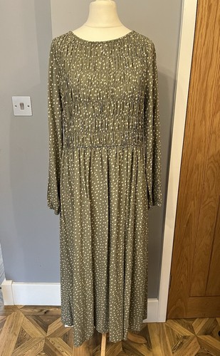 VETEMENTS Maxi abito Saint Tropez oliva e panna maculato plissettato manica lunga taglia S