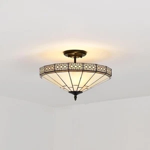 MISSION TIFFANY STYLE GLASS SEMI FLUSH CEILING LIGHT COMES WITH FIXING 40x28 cm - Picture 1 of 9