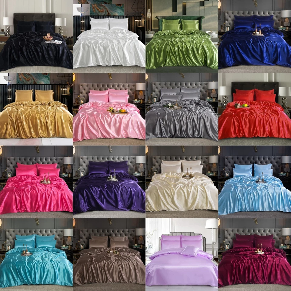 6 PCS SATIN SILK BEDDING SET DUVET COVER FITTED SHEET & 4 PILLOW CASES-All SIZES — 第 1/2 张图片