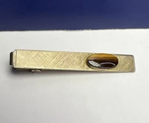 Vintage ANSON Tie Clip Gold-Tone w/ Oval Brown Amber Stone Bar - Picture 1 of 8