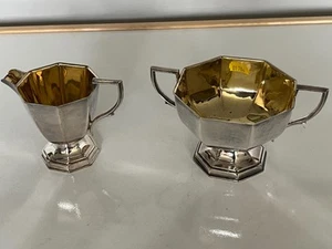 SILVER PLATED HEXAGONAL SHAPED FOOTED MILK JUG & 2 HANDLED SUGAR BOWL (MJ&SB-P2) - Picture 1 of 7