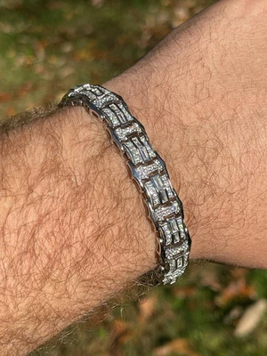 8Ct Baguette Simulated Diamond Men's Hip Hop Tennis Bracelet 925 Sterling Silver - Image 1 of 4