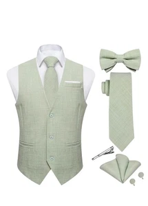 DiBanGu Mens Linen Suit Vest Casual Waistcoat and Necktie & Pre-tied Bowtie, M - Picture 1 of 2