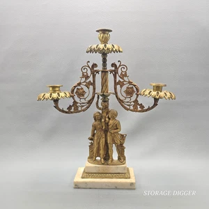 Candelabro Girandole Vintage Latón Ornado Figura Tonificado Dorado, Base Mármol Blanco - Imagen 1 de 15