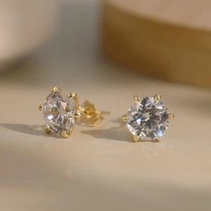 1ct Round Cut VVS1/D Simulated Diamonds Studs Earrings 14k Real Gold Finish - Picture 1 of 17