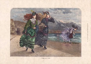 1875 Victorian Girls at Seashore 11x16 HAND COLORED ENGRAVING PRINT Read P151 - Picture 1 of 2