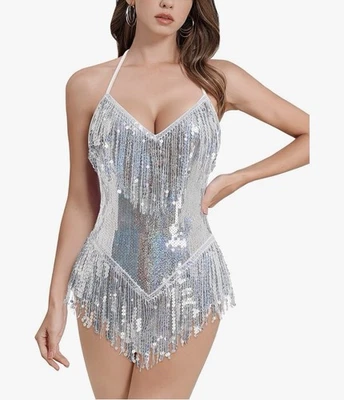 Halter Bodysuit Leotard Sexy Large silver For Christmas , New year Party , Party - Image 1 of 4